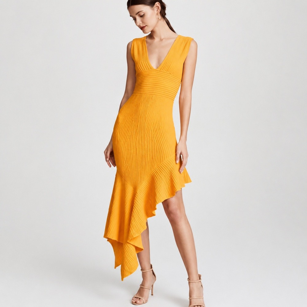 Ronny Kabo Jennifer Ruffle Midi Dress Marigold Yellow Knit Asymmetrical Medium